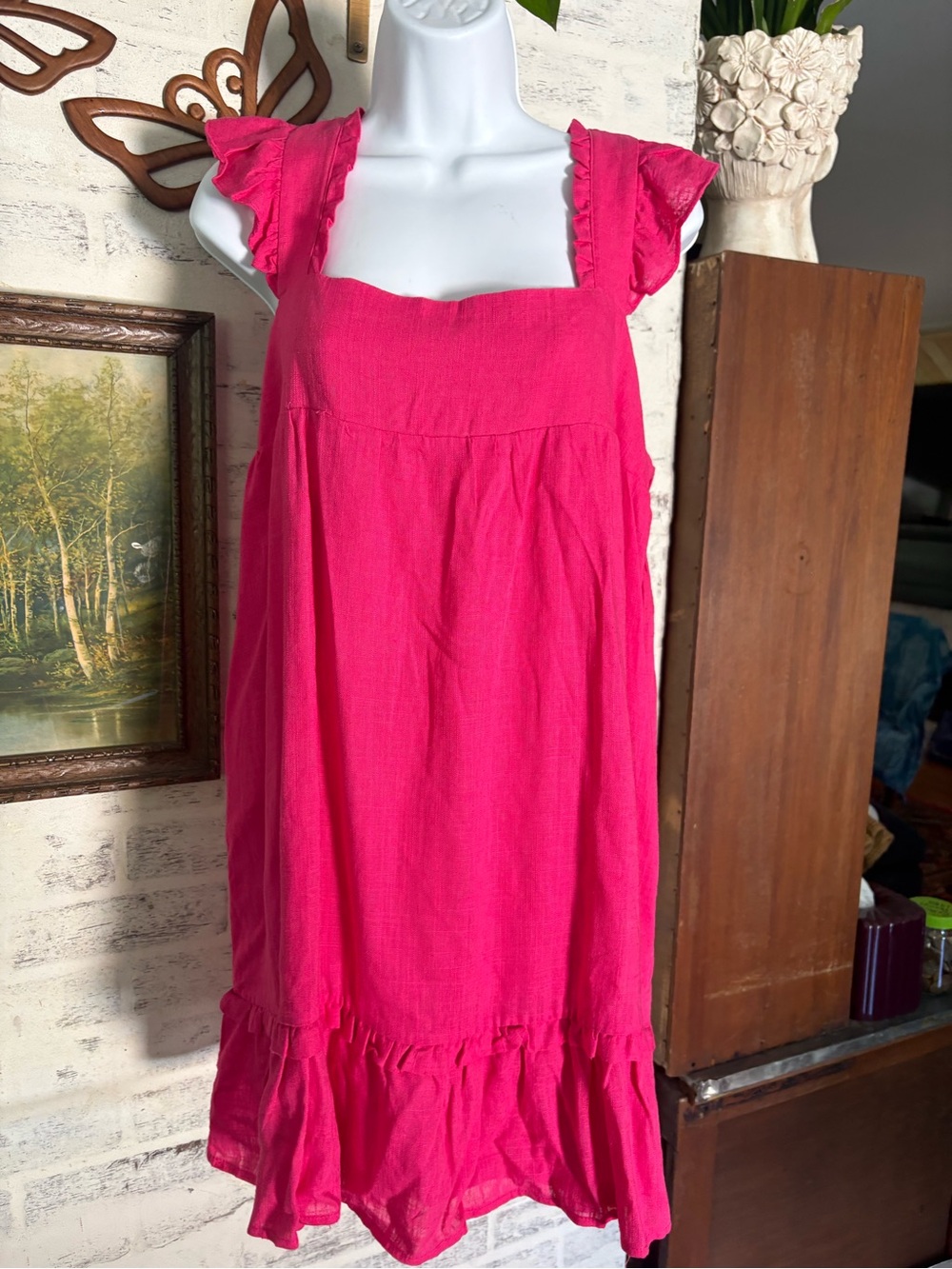 New In hot pink crinkle flutter sleeve dress square neckline with pockets